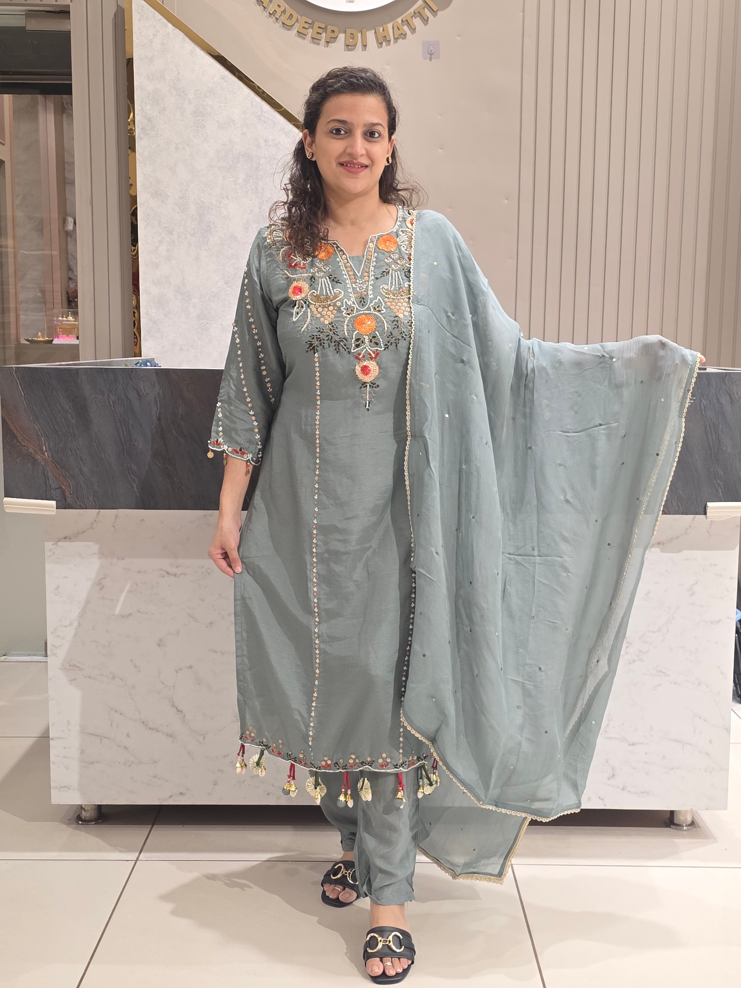 SMOKE GREY PARTYWEAR PLAZZO SUIT WITH SEQUIN AND BEADS WORK