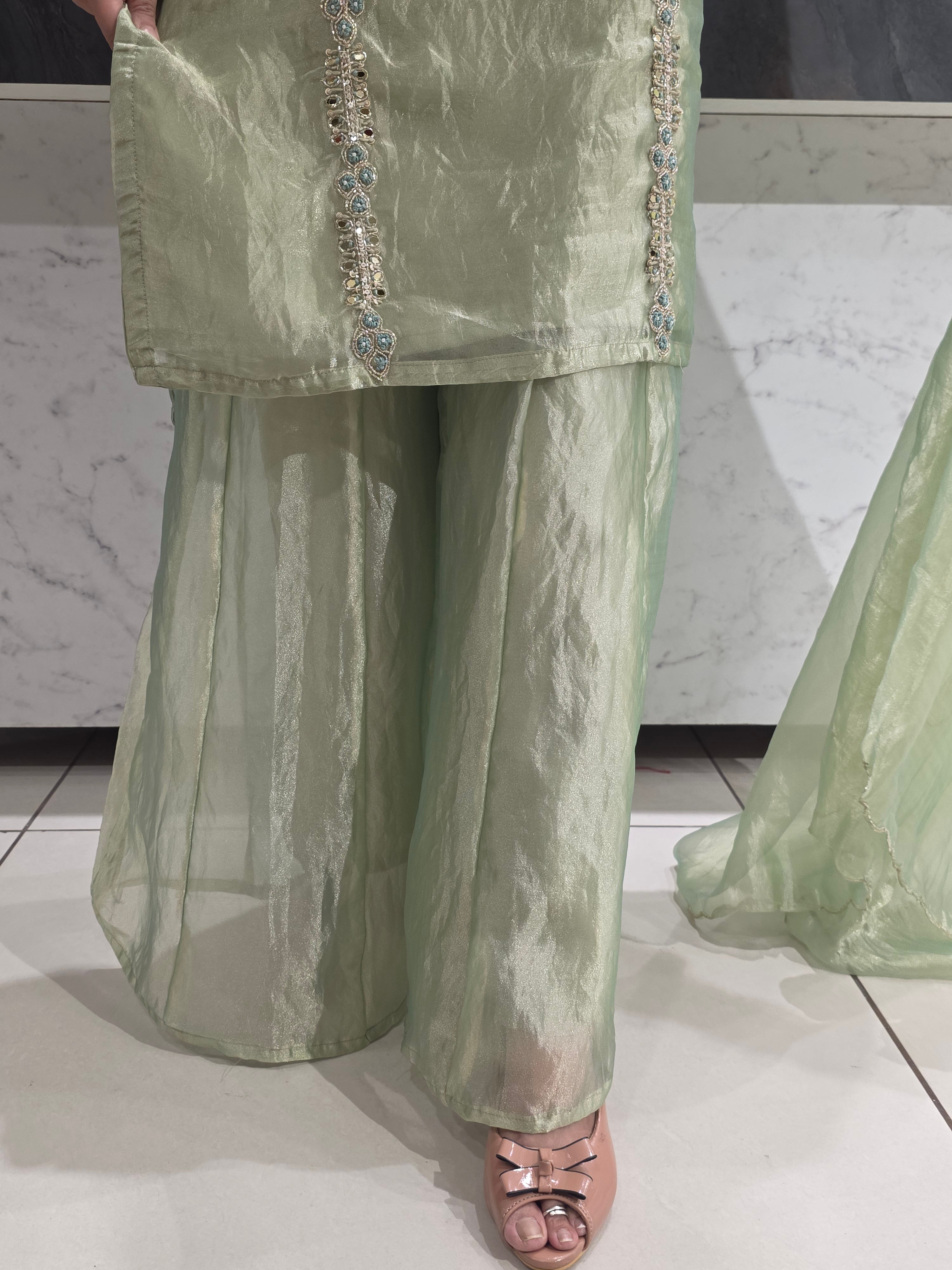 GLASS TISSUE SHORT SHIRT PLAZZO READYMADE SUIT