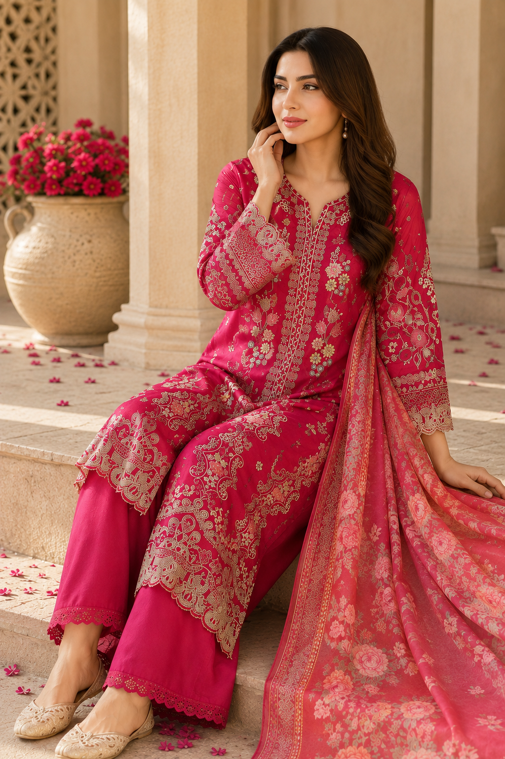 MAGENTA HEAVY THREAD WORK PARTYWEAR COTTON PLAZZO SUIT