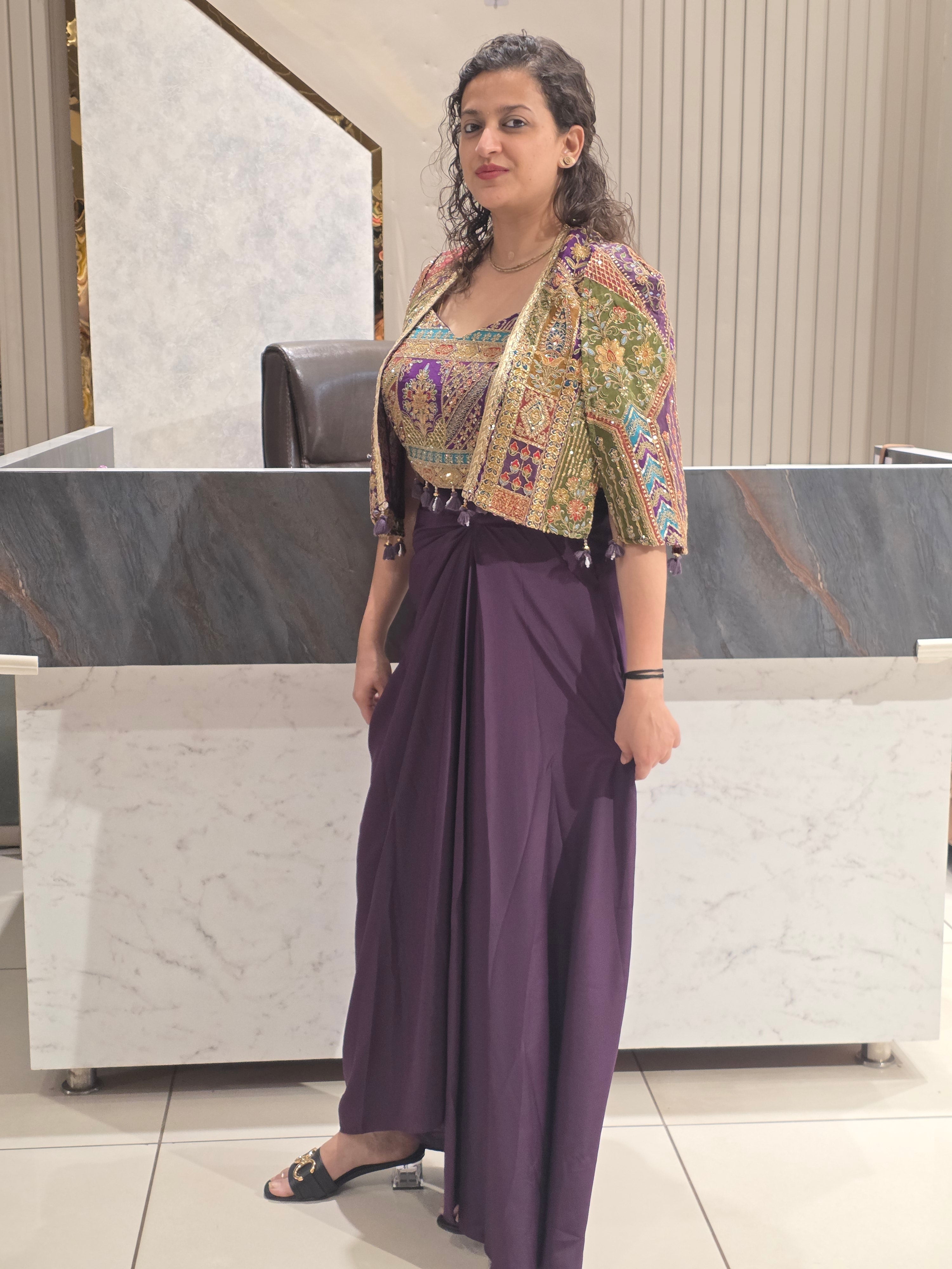 Embroidered Shoulder Strap Top With Shrug & Skirt Co-ordsSet